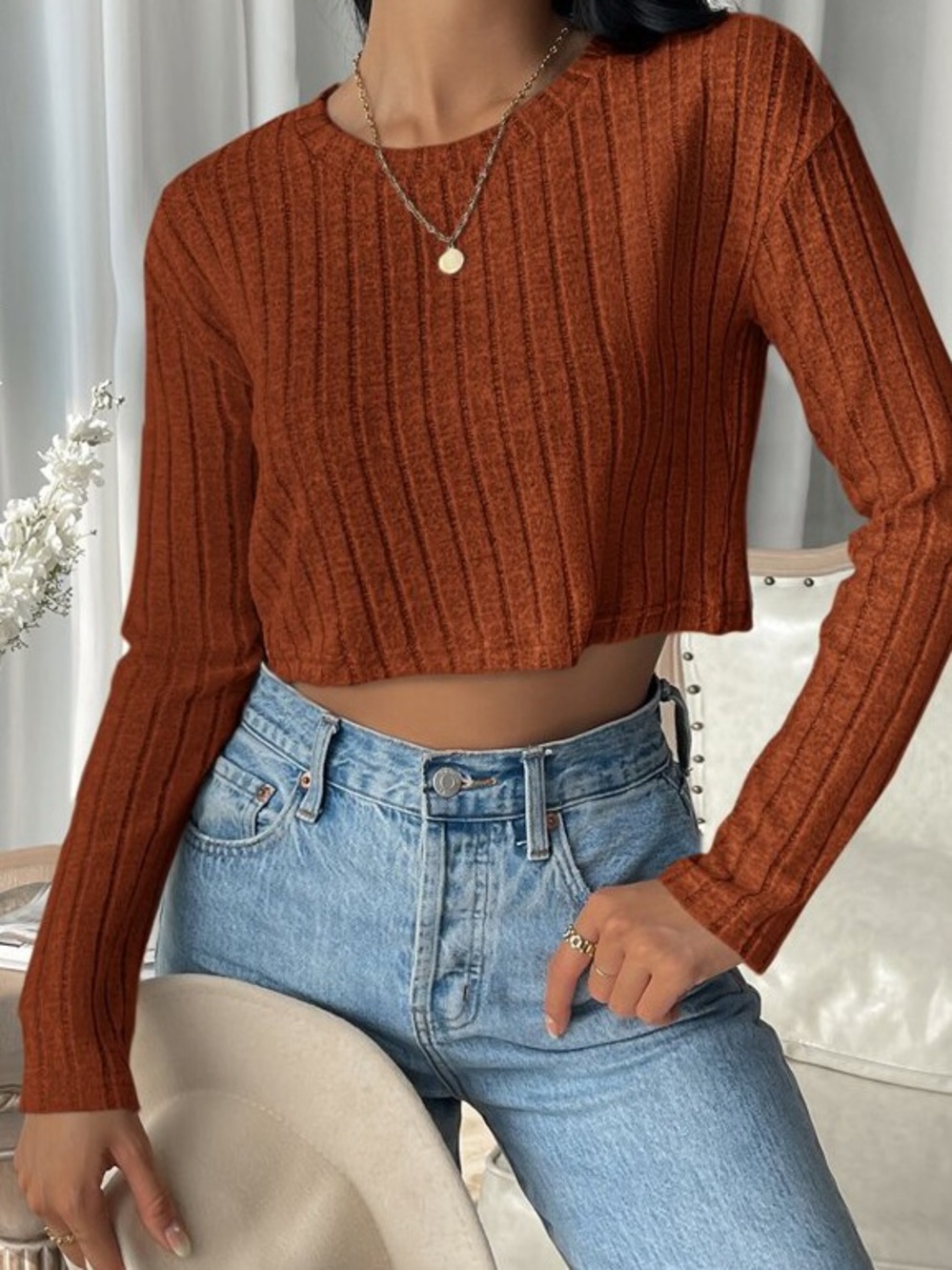 Ribbed Crop Sweater Top - Rust
